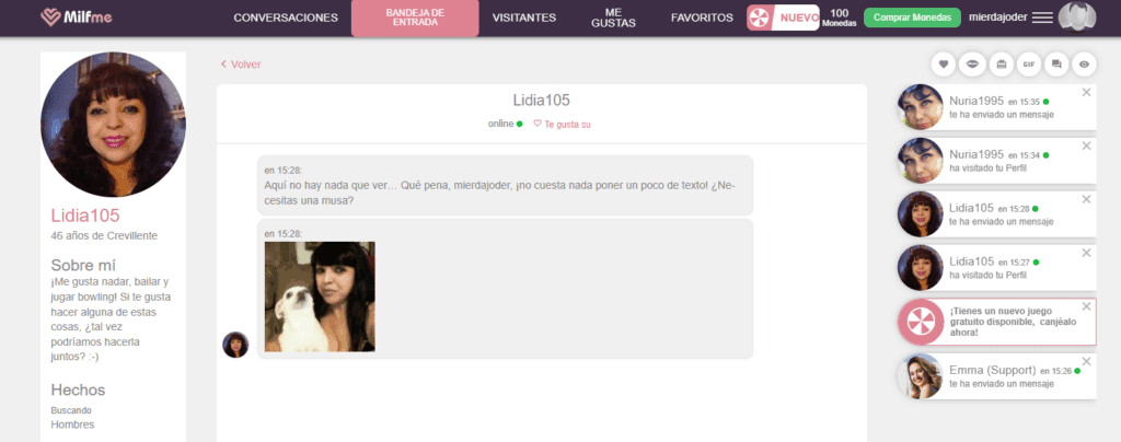 milfme.com, una web repleta de perfiles falsos. milfme mensajes falsos.